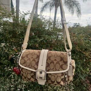 Coach double pocket soho shoulder bag canvas and white leather trim